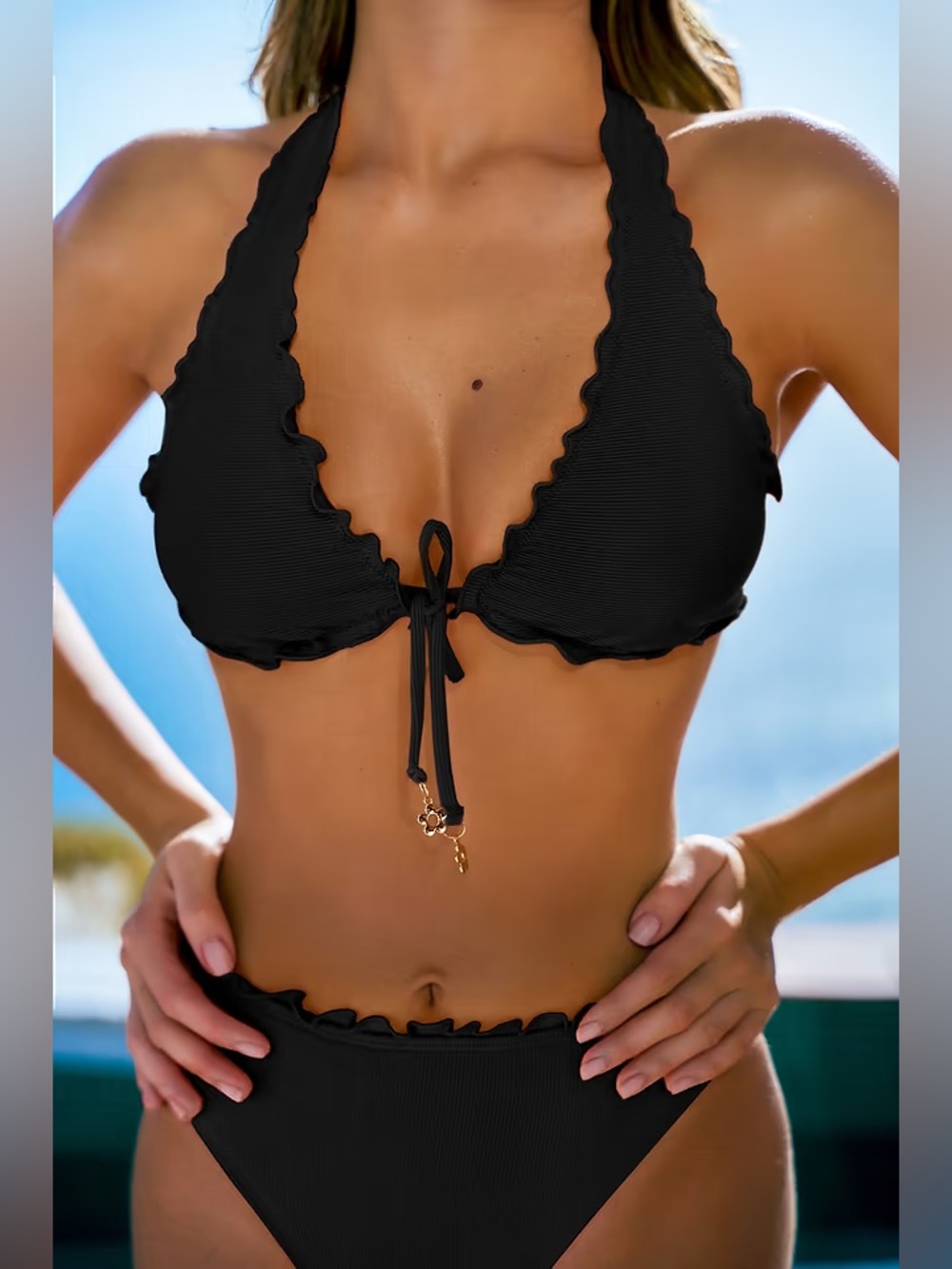 Cupshe Black Scallop Ruffle Halter Bikini bottom
